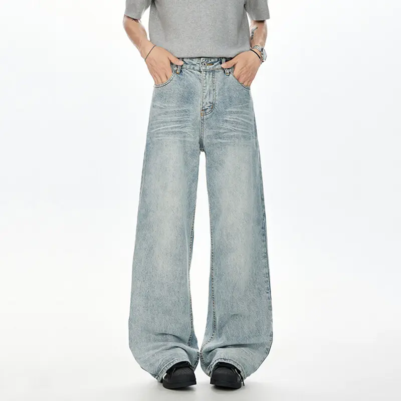 IEFB Korean Style Men Denim Pants Solid Color Washed Moustache Effect Wide Leg Trousers Loose Male Straight Jeans Summer 9W3298
