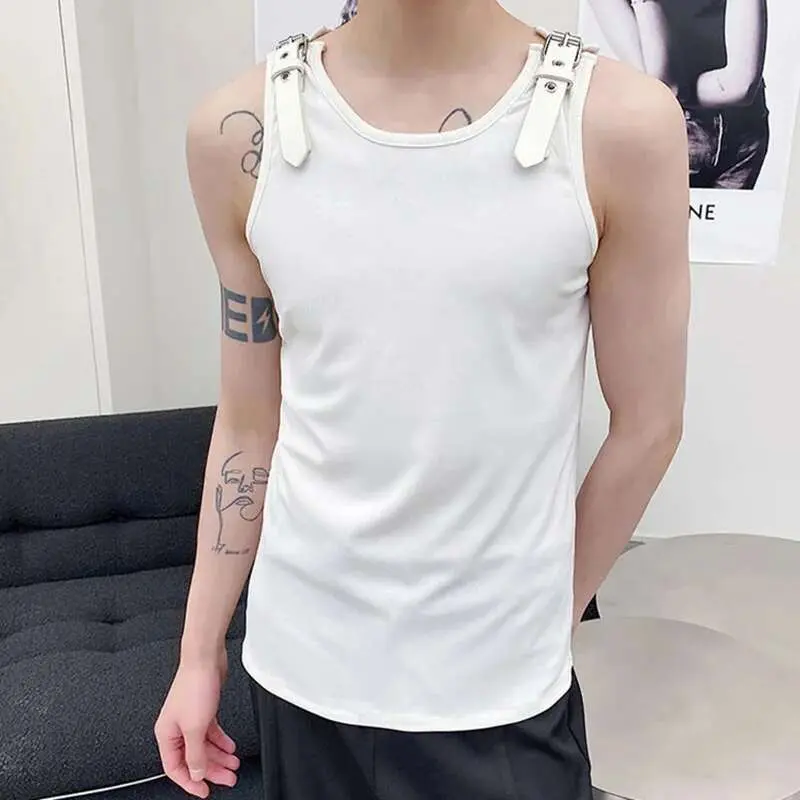 IEFB Personalized Design Men's Leather Shoulder Loop Vest Solid Color Korean Casual Knitted Sleeveless Summer New Fashion 9A1978