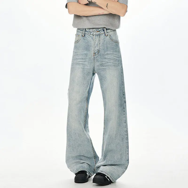 IEFB Korean Style Men Denim Pants Solid Color Washed Moustache Effect Wide Leg Trousers Loose Male Straight Jeans Summer 9W3298