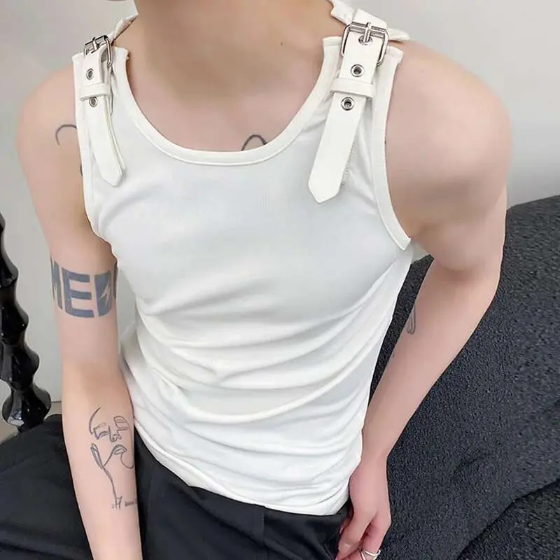IEFB Personalized Design Men's Leather Shoulder Loop Vest Solid Color Korean Casual Knitted Sleeveless Summer New Fashion 9A1978