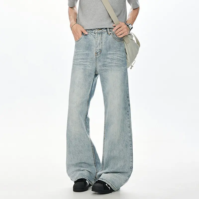 IEFB Korean Style Men Denim Pants Solid Color Washed Moustache Effect Wide Leg Trousers Loose Male Straight Jeans Summer 9W3298