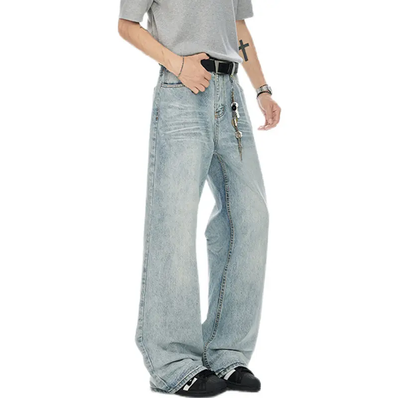 IEFB Korean Style Men Denim Pants Solid Color Washed Moustache Effect Wide Leg Trousers Loose Male Straight Jeans Summer 9W3298