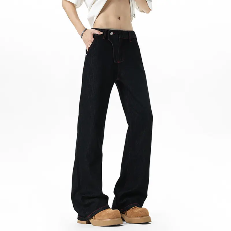IEFB Dark Style Men's Jeans Solid Color Casual Wide Leg Contrats Color Line Design Straight Loose Male Denim Pants New 9W3480