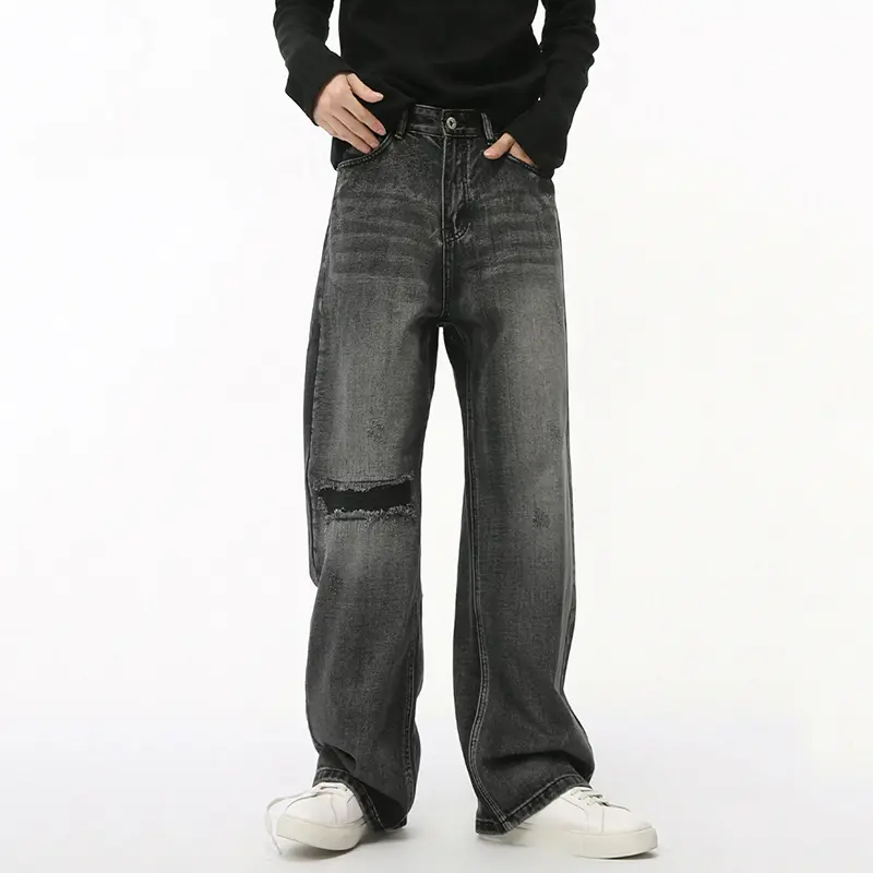IEFB Straight Denim Pants New Fashion Men's Wear Summer Hole Design Personalized Loose Fit Ripped Jeans 2025 Spring 9C7285