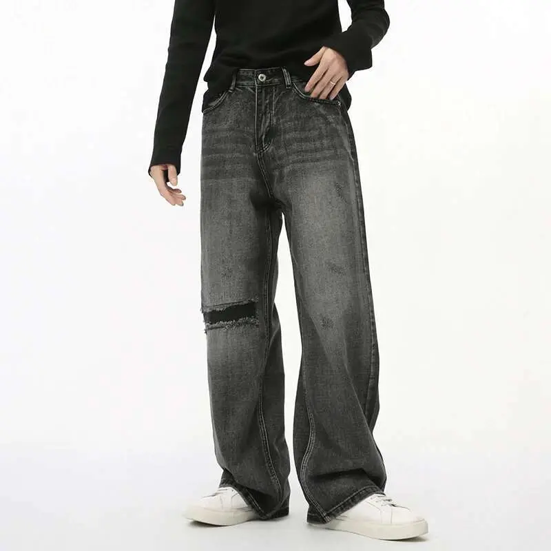 IEFB Straight Denim Pants New Fashion Men's Wear Summer Hole Design Personalized Loose Fit Ripped Jeans 2025 Spring 9C7285