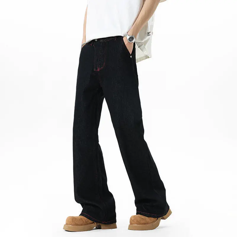 IEFB Dark Style Men's Jeans Solid Color Casual Wide Leg Contrats Color Line Design Straight Loose Male Denim Pants New 9W3480