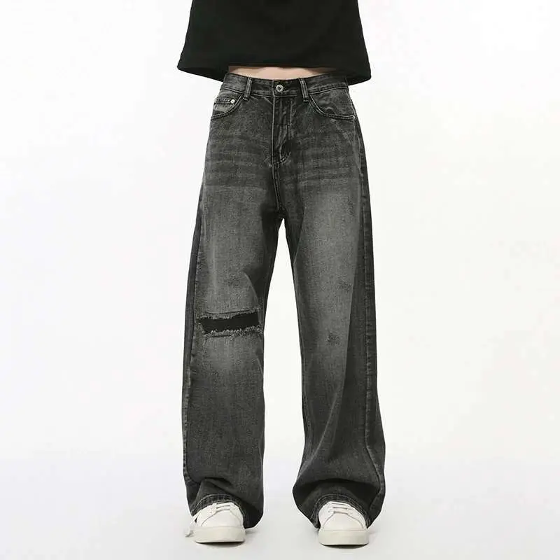 IEFB Straight Denim Pants New Fashion Men's Wear Summer Hole Design Personalized Loose Fit Ripped Jeans 2025 Spring 9C7285