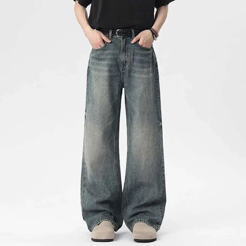IEFB Men's Jeans New American High Street Style Washed Cat Whisker Design Solid Color Straight Leg Male Denim Pants 9W1658