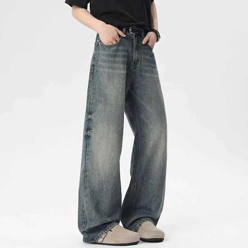 IEFB Men's Jeans New American High Street Style Washed Cat Whisker Design Solid Color Straight Leg Male Denim Pants 9W1658