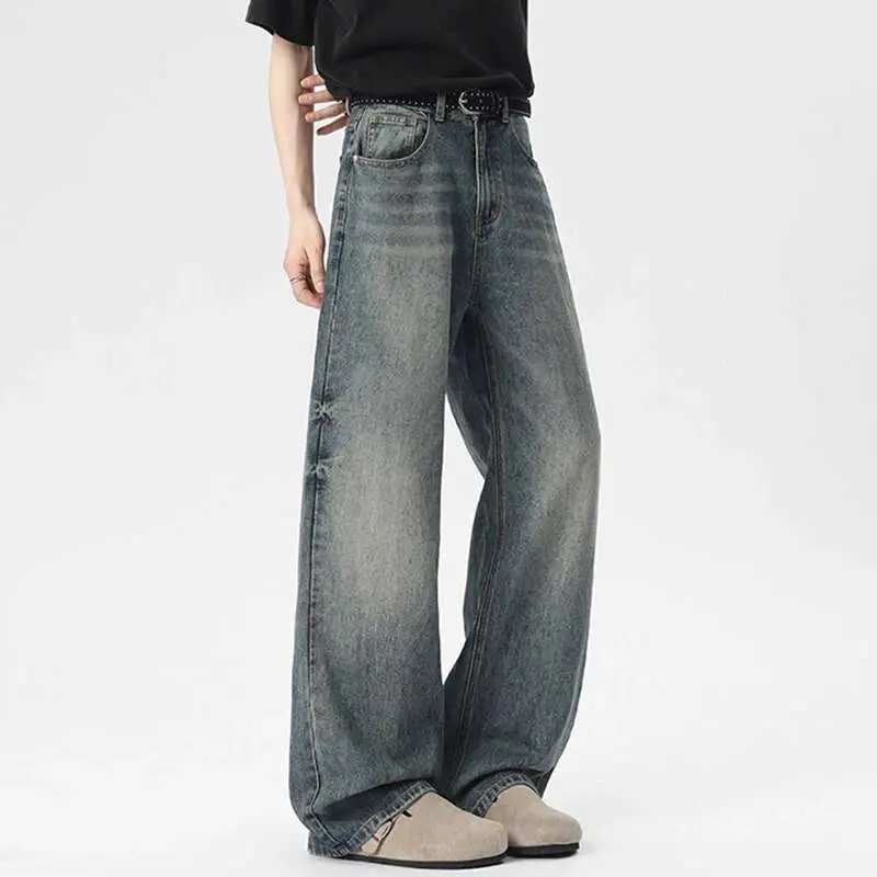 IEFB Men's Jeans New American High Street Style Washed Cat Whisker Design Solid Color Straight Leg Male Denim Pants 9W1658