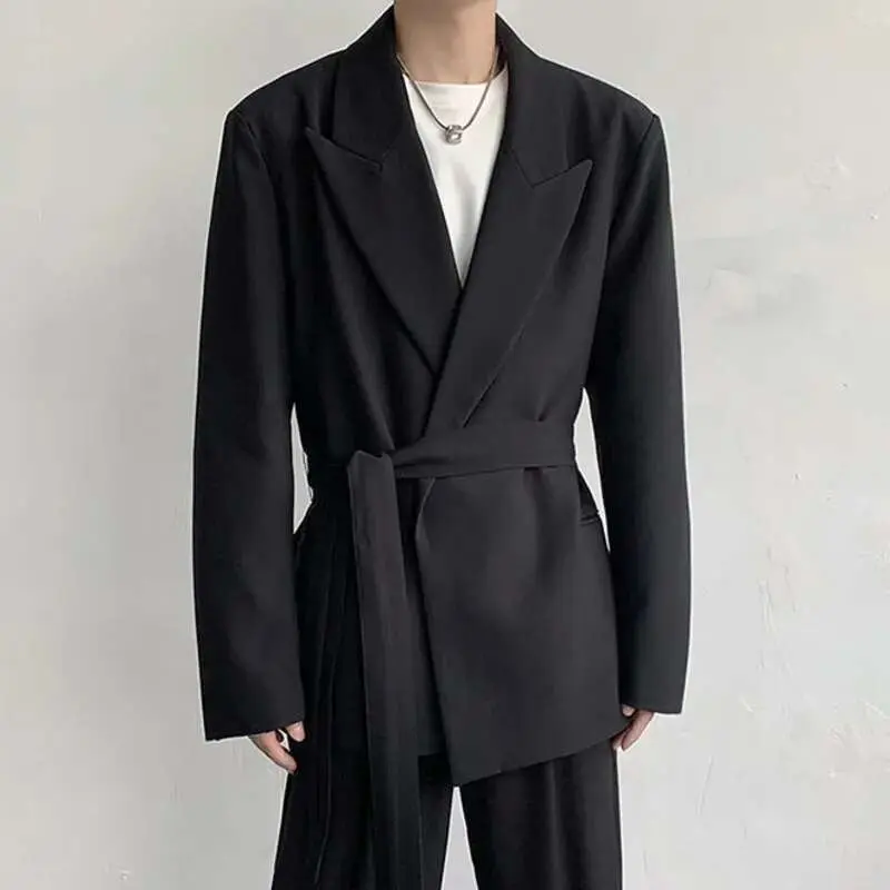 IEFB Trendy Men's Blazers Korean Style Waist Lace-up Suit Jacket Solid Color Lapel Spring New Fashion Male Clothing 9A7638
