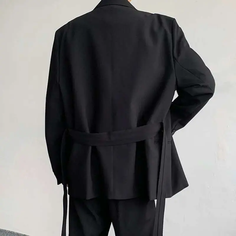 IEFB Trendy Men's Blazers Korean Style Waist Lace-up Suit Jacket Solid Color Lapel Spring New Fashion Male Clothing 9A7638
