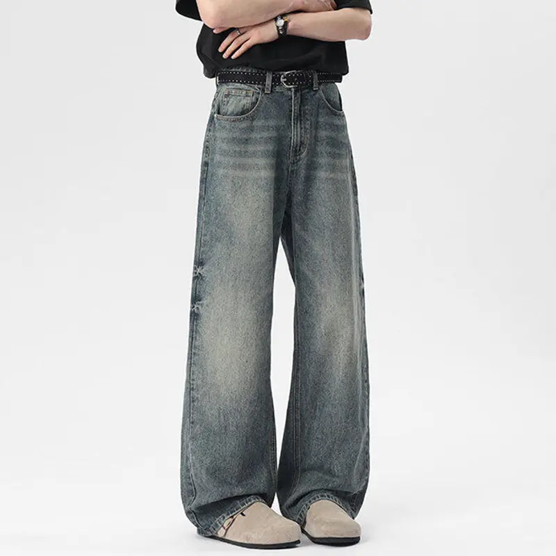 IEFB Men's Jeans New American High Street Style Washed Cat Whisker Design Solid Color Straight Leg Male Denim Pants 9W1658