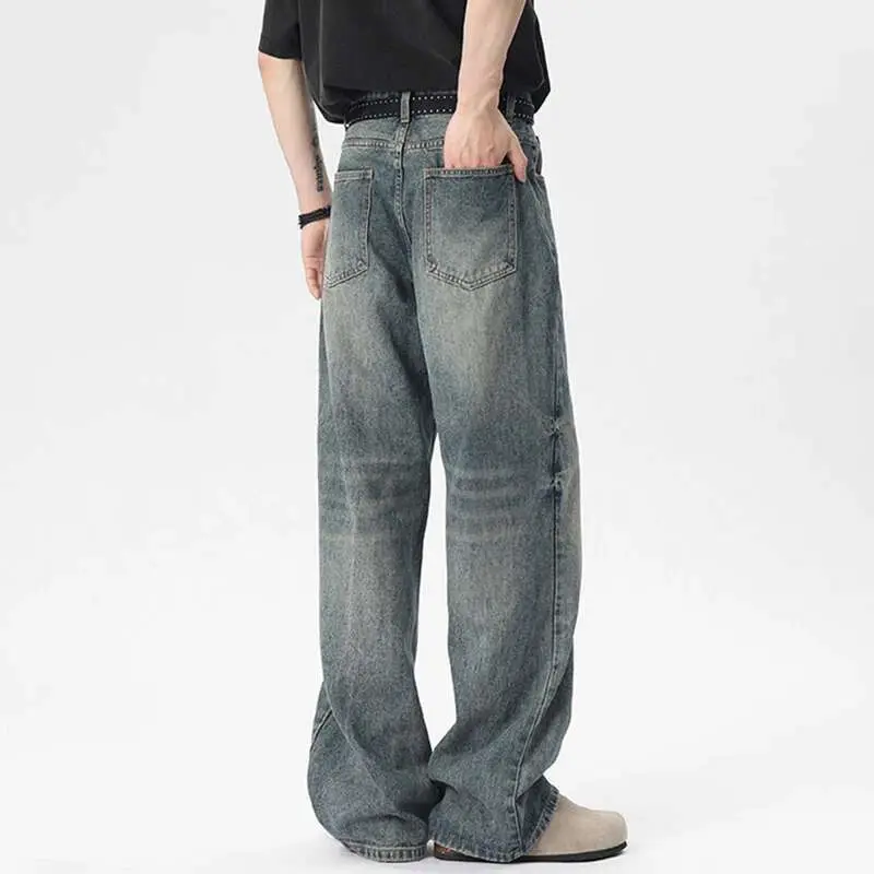 IEFB Men's Jeans New American High Street Style Washed Cat Whisker Design Solid Color Straight Leg Male Denim Pants 9W1658