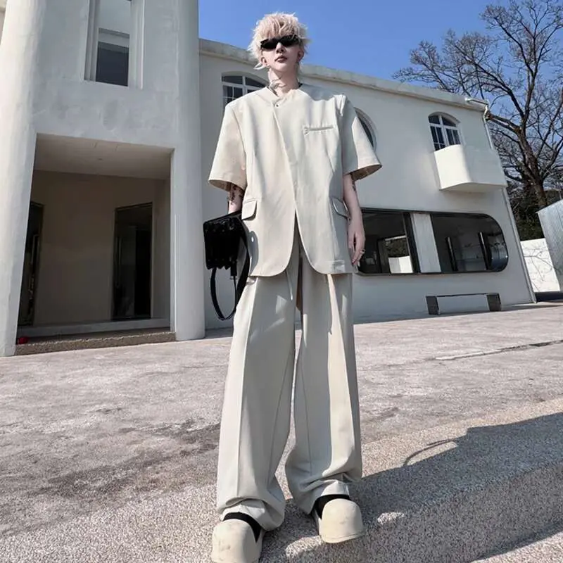 IEFB Male Suit Summer Solid Color Short Sleeve Loose Round Neck Single Breasted Men's Set Casual Straight Leg Pants 9W1493