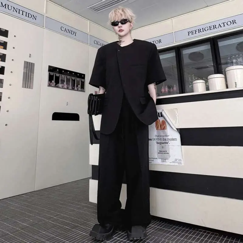 IEFB Male Suit Summer Solid Color Short Sleeve Loose Round Neck Single Breasted Men's Set Casual Straight Leg Pants 9W1493