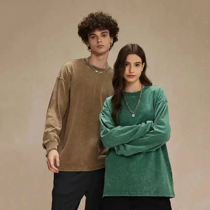 IEFB Spring New Trendy Batik Wash Long Sleeve T-shirt Men's Wear Round Collar Pullover Couple Top Vintage Tees Solid Color 9W127