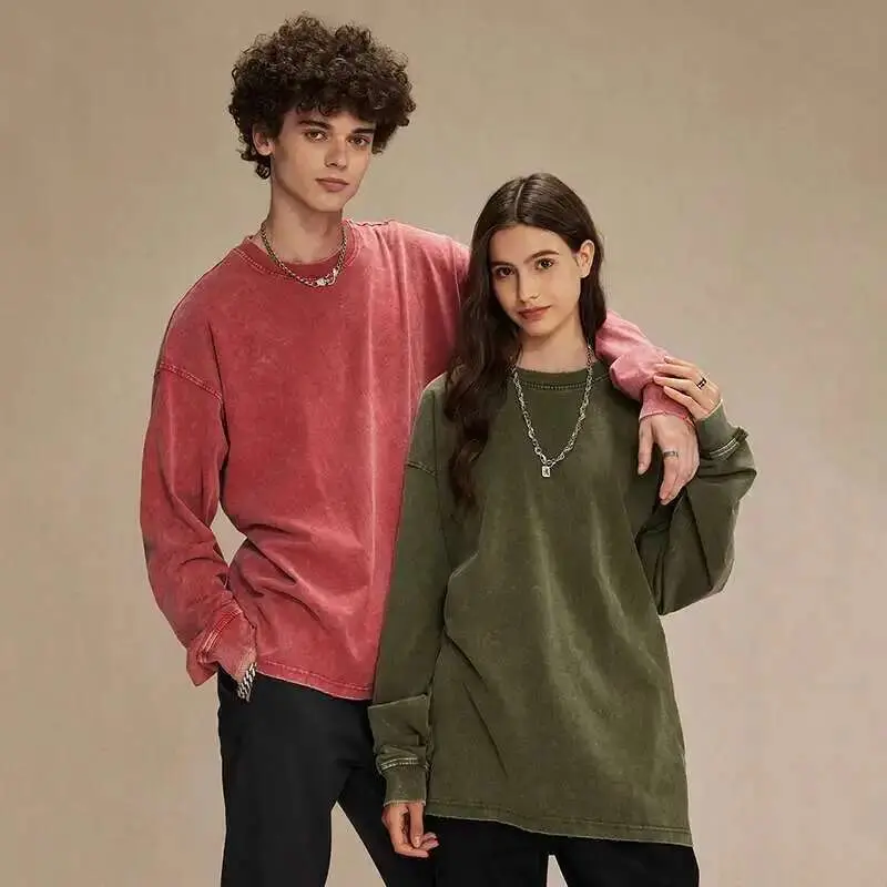 IEFB Spring New Trendy Batik Wash Long Sleeve T-shirt Men's Wear Round Collar Pullover Couple Top Vintage Tees Solid Color 9W127
