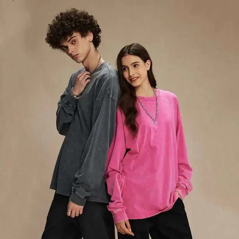IEFB Spring New Trendy Batik Wash Long Sleeve T-shirt Men's Wear Round Collar Pullover Couple Top Vintage Tees Solid Color 9W127