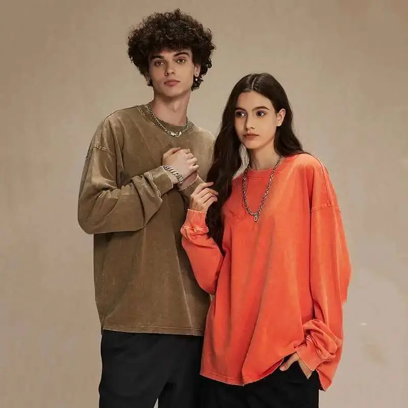 IEFB Spring New Trendy Batik Wash Long Sleeve T-shirt Men's Wear Round Collar Pullover Couple Top Vintage Tees Solid Color 9W127