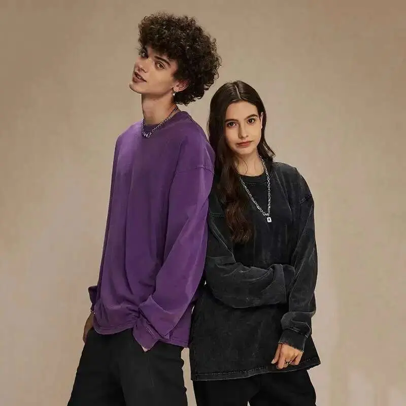 IEFB Spring New Trendy Batik Wash Long Sleeve T-shirt Men's Wear Round Collar Pullover Couple Top Vintage Tees Solid Color 9W127