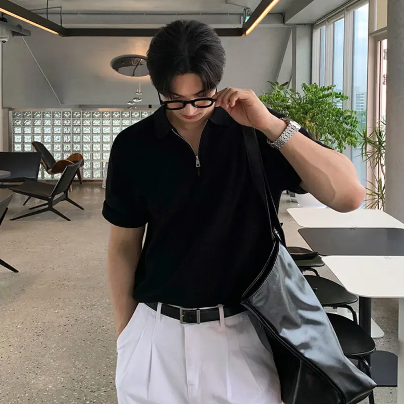 IEFB Lapel Mem's Tops Half Zipper Patchwork Design Solid Color Casual Cleanfit T-shirts Short Sleeved All-match Male Tees 9W3669