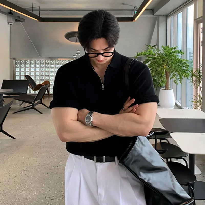 IEFB Lapel Mem's Tops Half Zipper Patchwork Design Solid Color Casual Cleanfit T-shirts Short Sleeved All-match Male Tees 9W3669