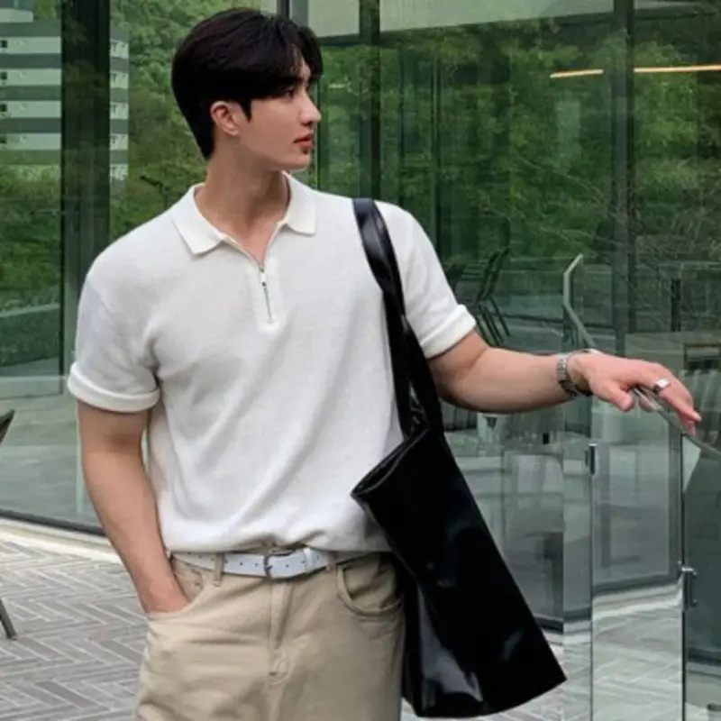 IEFB Lapel Mem's Tops Half Zipper Patchwork Design Solid Color Casual Cleanfit T-shirts Short Sleeved All-match Male Tees 9W3669