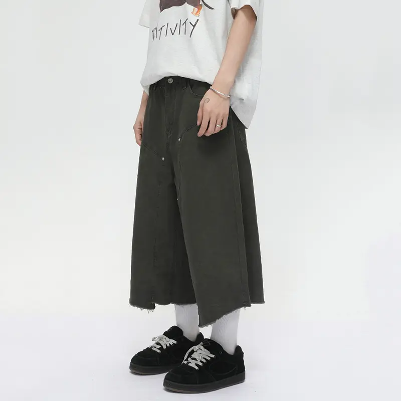 IEFB American Style Men Denim Shorts Solid Color Raw Edge Simple Casual Streetwear Straight Leg Loose Male Cropped Jeans 9W3383