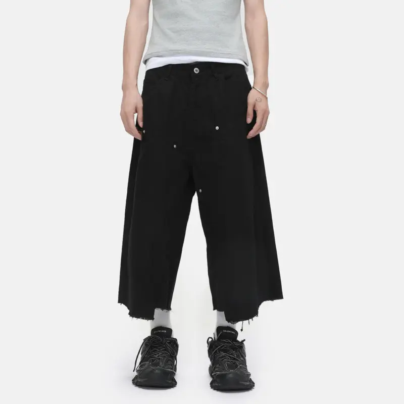 IEFB American Style Men Denim Shorts Solid Color Raw Edge Simple Casual Streetwear Straight Leg Loose Male Cropped Jeans 9W3383
