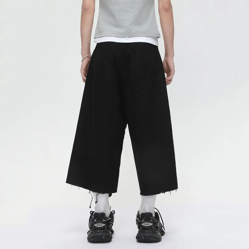 IEFB American Style Men Denim Shorts Solid Color Raw Edge Simple Casual Streetwear Straight Leg Loose Male Cropped Jeans 9W3383