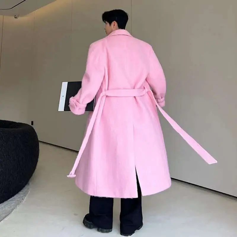 IEFB Korean Men Woolen Coat Casual Lapel Double Breasted Long Trench Solid Color Male Overcoat Belt 2023 Autumn Trend 9C2884