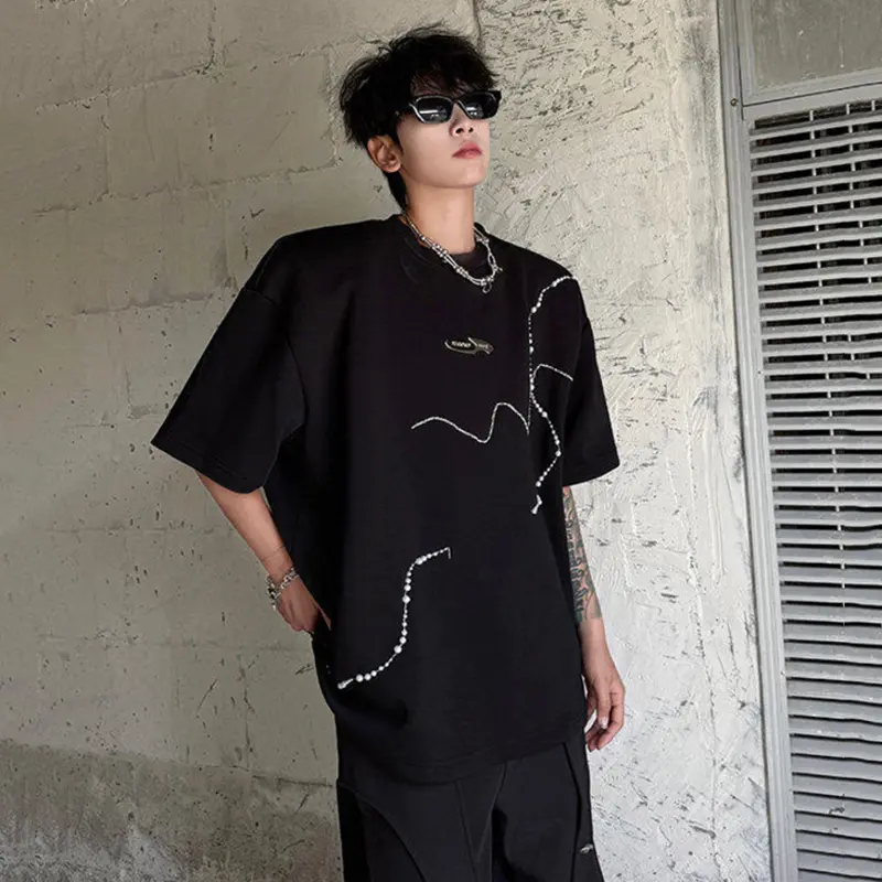 IEFB Shoulder Padded Design Men's T-shirts Round Neck Pearl Decoration Metal Contrast Color Niche Short Sleeved Male Tees 9W2813