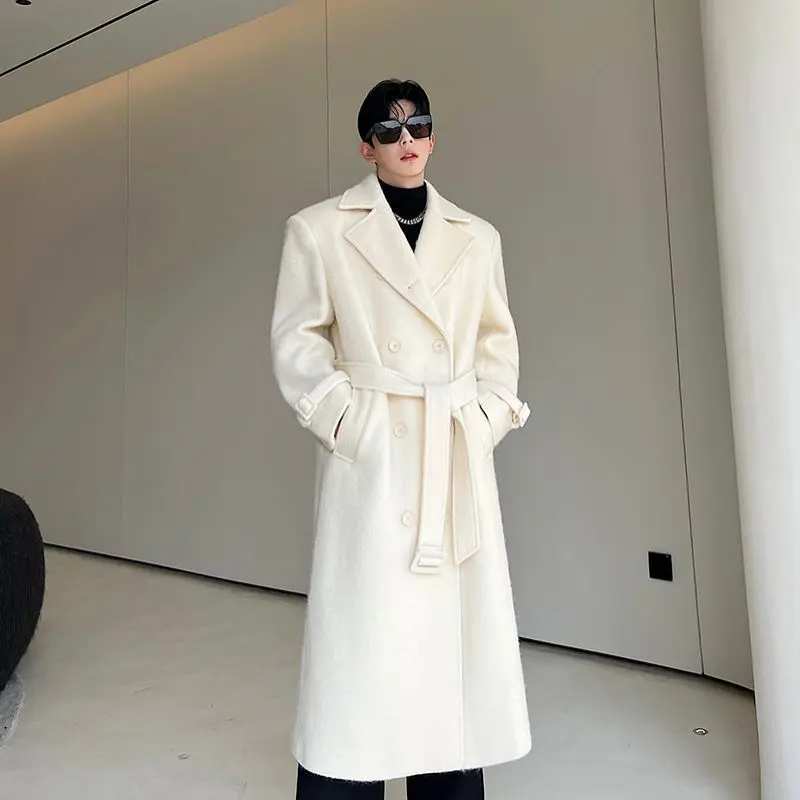 IEFB Korean Men Woolen Coat Casual Lapel Double Breasted Long Trench Solid Color Male Overcoat Belt 2023 Autumn Trend 9C2884