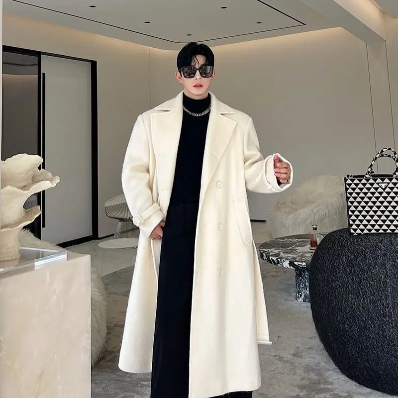 IEFB Korean Men Woolen Coat Casual Lapel Double Breasted Long Trench Solid Color Male Overcoat Belt 2023 Autumn Trend 9C2884