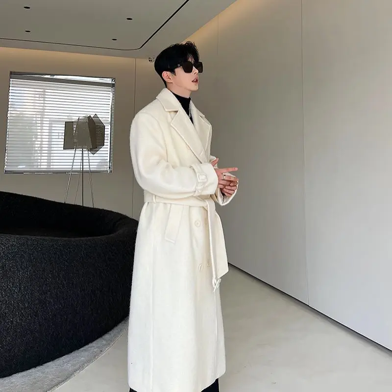 IEFB Korean Men Woolen Coat Casual Lapel Double Breasted Long Trench Solid Color Male Overcoat Belt 2023 Autumn Trend 9C2884