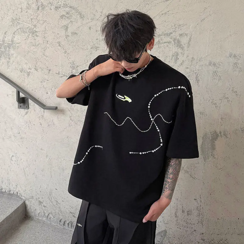 IEFB Shoulder Padded Design Men's T-shirts Round Neck Pearl Decoration Metal Contrast Color Niche Short Sleeved Male Tees 9W2813