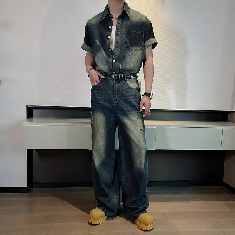 IEFB High Street Men's Denim Two-piece Short Sleeved Washing Hole Single Breasted Jackets Gradient Color Wide Leg Jeans 9W3043