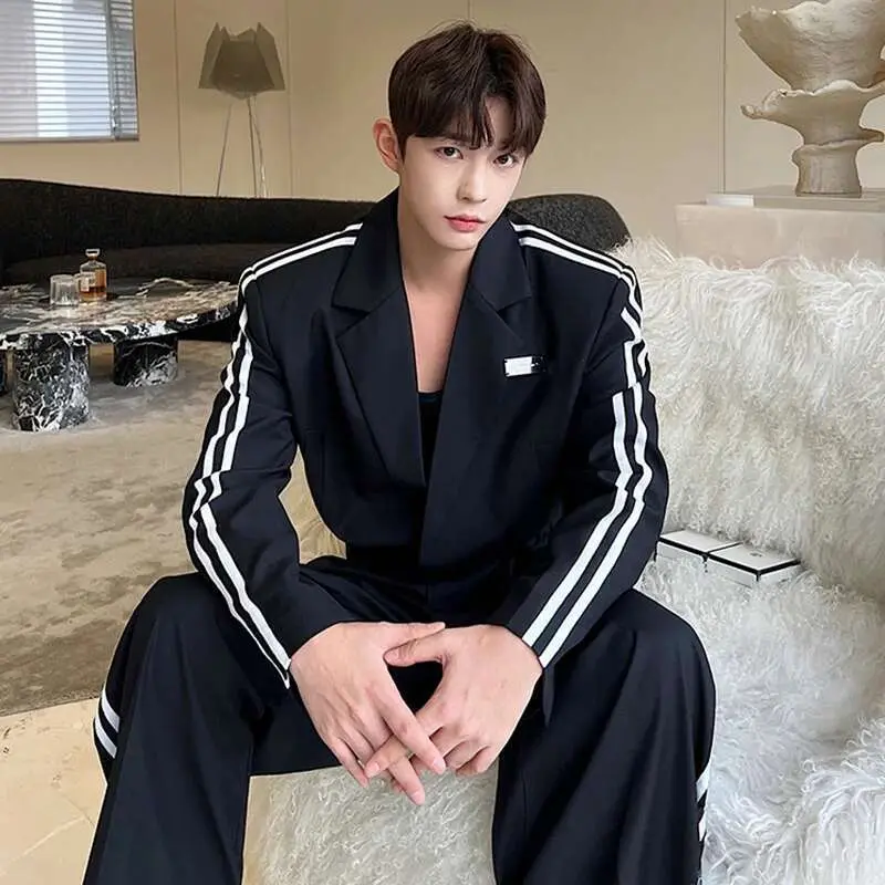 IEFB Korean Fashion Striped Short Suit Wide Leg Pants Two-piece Sets New Spring Casual Long Sleeve Male Clothing Black 9A7289
