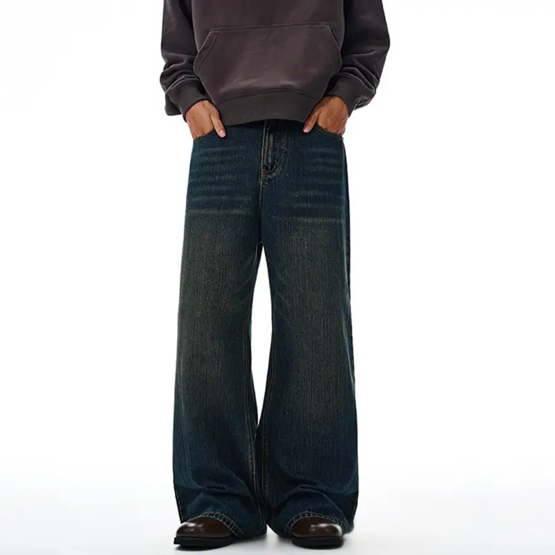 IEFB New Simple Men's Jeans Washing Moustache Effect Solid Color Wide Leg All-match Trousers Straight Male Denim Pants 9W4204