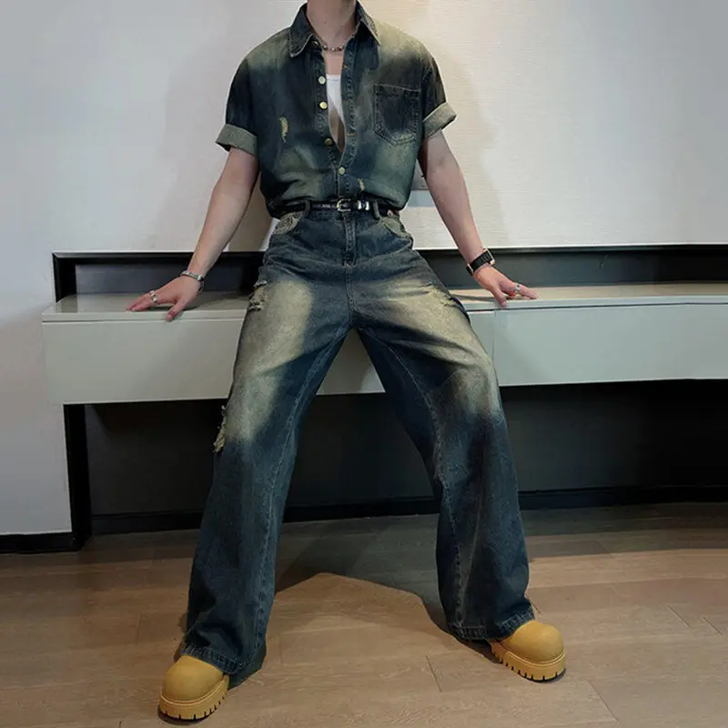 IEFB High Street Men's Denim Two-piece Short Sleeved Washing Hole Single Breasted Jackets Gradient Color Wide Leg Jeans 9W3043