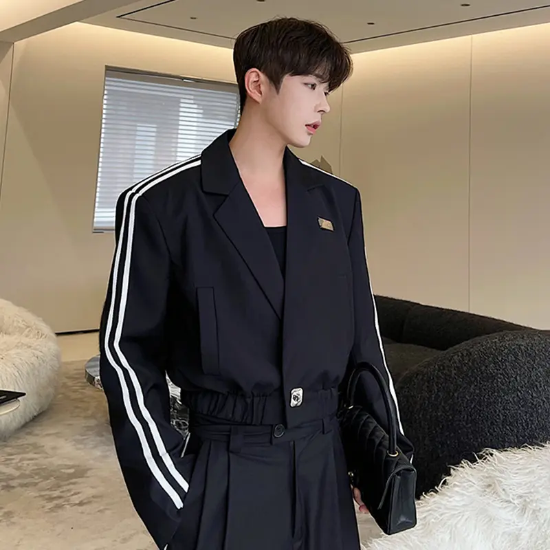 IEFB Korean Fashion Striped Short Suit Wide Leg Pants Two-piece Sets New Spring Casual Long Sleeve Male Clothing Black 9A7289