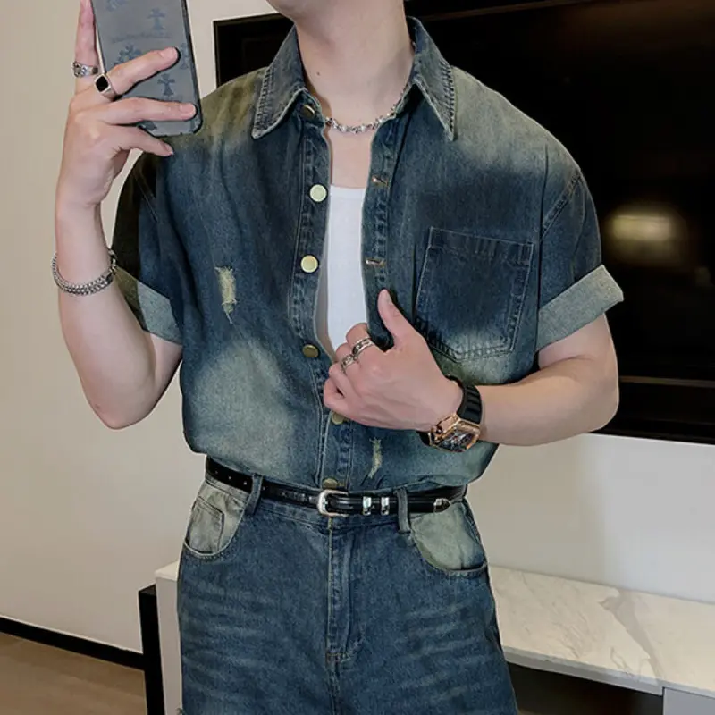 IEFB High Street Men's Denim Two-piece Short Sleeved Washing Hole Single Breasted Jackets Gradient Color Wide Leg Jeans 9W3043