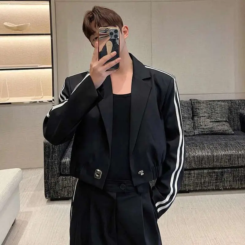 IEFB Korean Fashion Striped Short Suit Wide Leg Pants Two-piece Sets New Spring Casual Long Sleeve Male Clothing Black 9A7289