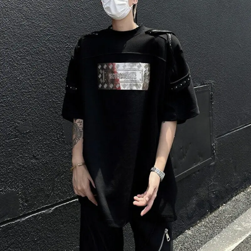 IEFB Fashion Men's T-shirts Metal Rivets Belt Decoration Round Collar Short Sleeved Loose Pullover Niche Male Tees Summer 9W2389