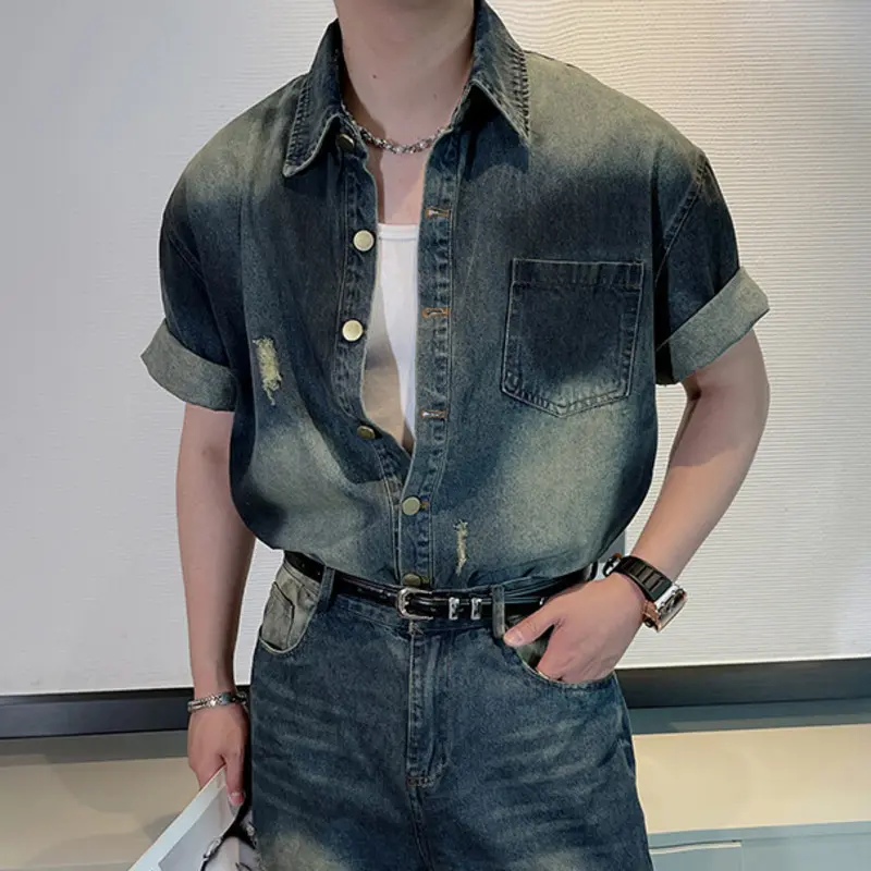 IEFB High Street Men's Denim Two-piece Short Sleeved Washing Hole Single Breasted Jackets Gradient Color Wide Leg Jeans 9W3043