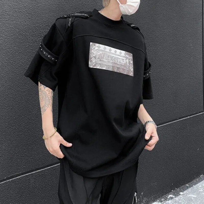 IEFB Fashion Men's T-shirts Metal Rivets Belt Decoration Round Collar Short Sleeved Loose Pullover Niche Male Tees Summer 9W2389