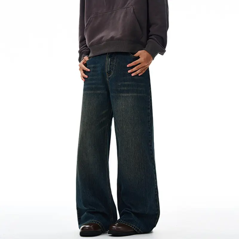 IEFB New Simple Men's Jeans Washing Moustache Effect Solid Color Wide Leg All-match Trousers Straight Male Denim Pants 9W4204