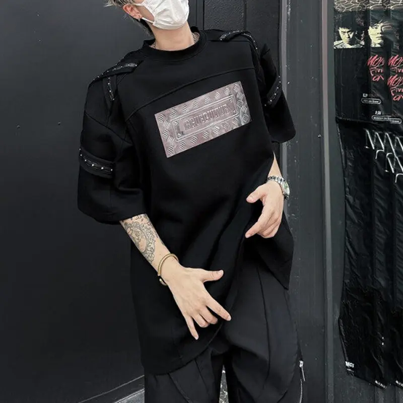 IEFB Fashion Men's T-shirts Metal Rivets Belt Decoration Round Collar Short Sleeved Loose Pullover Niche Male Tees Summer 9W2389