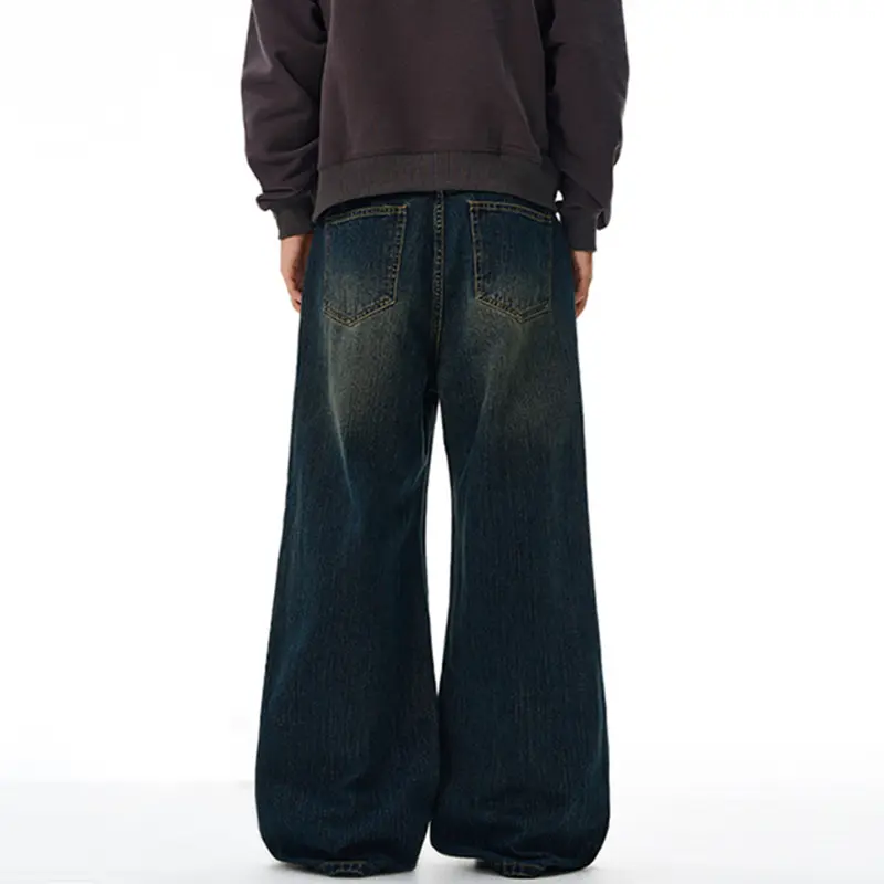 IEFB New Simple Men's Jeans Washing Moustache Effect Solid Color Wide Leg All-match Trousers Straight Male Denim Pants 9W4204